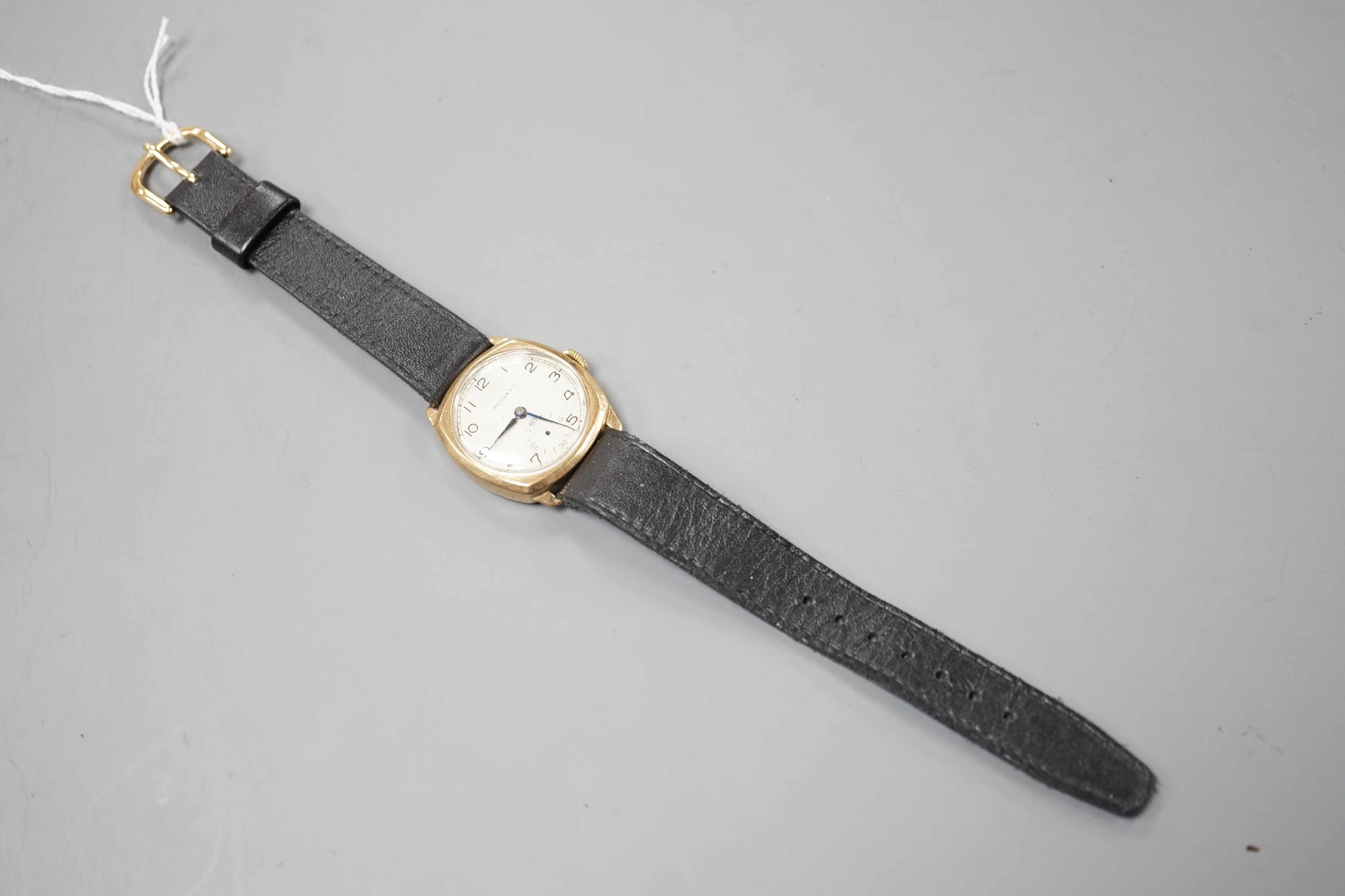 A gentleman's 1930's? 9ct gold Rotary manual wind wrist watch, on associated leather strap.